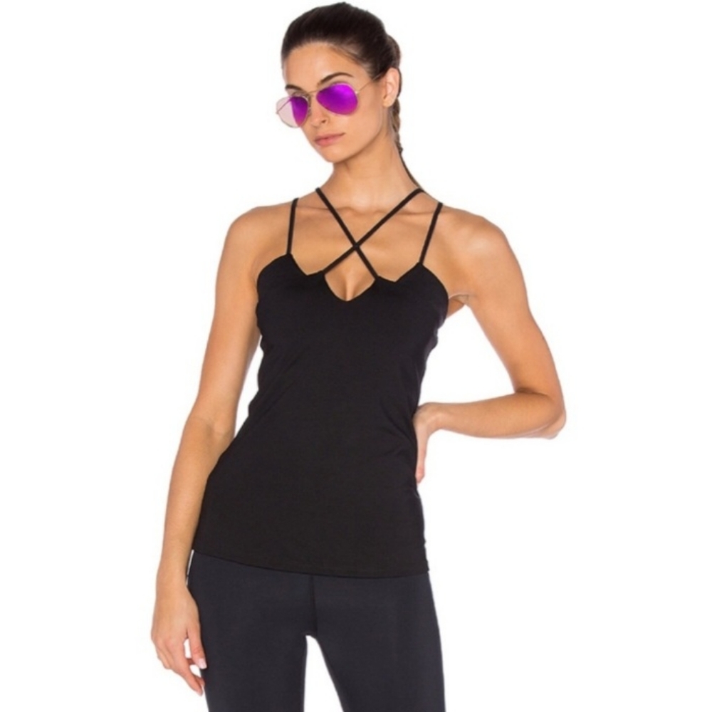 Track & Bliss Black Dash Criss Cross Back Tank Top Large NEW NWT